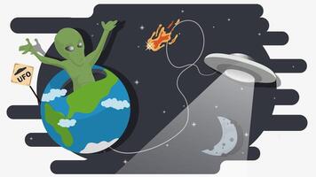 An alien climbs out of the bowels of planet Earth against the background of space and UFOs flat childrens doodles vector