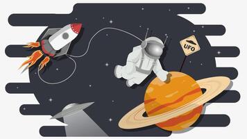 An astronaut on a cable in outer space against the background of a planet with rings flat childrens doodles vector