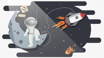 An astronaut in a spacesuit sits among the stars on the planet moon a rocket flies by flat childrens doodles vector