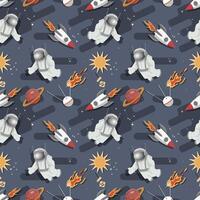 Seamless pattern an astronaut with a rocket in outer space among the planets flat childrens doodles vector