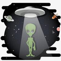 An alien among the stars in outer space stands against the background of a UFO with a ray flat childrens doodles vector