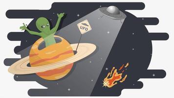An alien climbs out of the bowels of the planet with rings on the background of space and UFOs flat childrens doodles vector