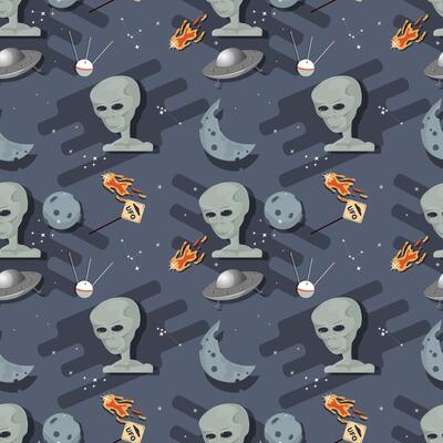 Seamless pattern alien head in outer space among planets flat childrens doodles