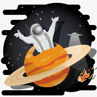 An astronaut in a spacesuit among the stars in outer space appears from a planet with rings flat childrens doodles
