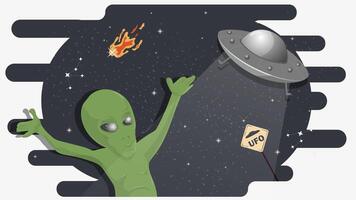 An alien in a welcoming gesture against the background of a flying saucer in space flat childrens doodles vector