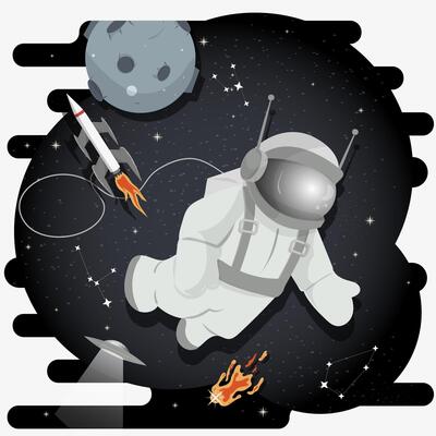 an astronaut in a spacesuit in outer space against the background of a planet with craters flat childrens doodles