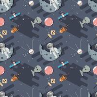 Seamless pattern astronaut in outer space sitting on the planet moon flat childrens doodle vector