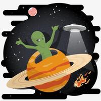 An alien among the stars in outer space appears from a planet with rings flat childrens doodles vector