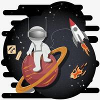 An astronaut in a spacesuit in outer space sits on the red planet with rings flat childrens doodles vector