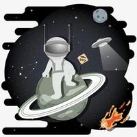 An astronaut in a spacesuit in outer space sits on a green planet with rings flat childrens doodles vector