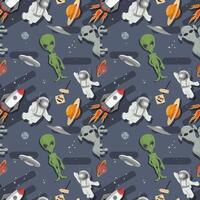 Seamless pattern aliens and astronauts among the stars and planets in outer space flat childrens doodles vector