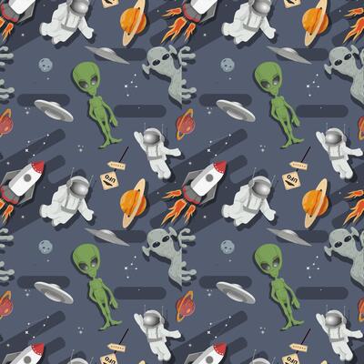 Seamless pattern aliens and astronauts among the stars and planets in outer space flat childrens doodles