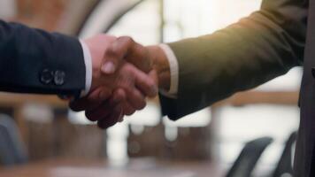 Close up two success businessmen multiracial diversity multiethnic business people partners partnership teamwork cooperation deal greeting welcome office hire African Asian men handshaking shake hands video