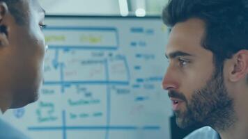 Business people diverse colleagues discussing marketing strategy presentation pitch sales manager CEO networking HR talent management graph data statistics on a whiteboard development video