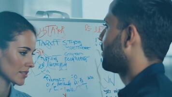 Business people diverse colleagues discussing marketing strategy presentation pitch sales manager CEO networking HR talent management graph data statistics on a whiteboard development video
