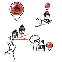 a set of icons depicting a house, a balloon pin and a hand pointing to it vector