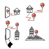 a set of icons depicting a house, a house, and a house with a red dot pin point vector