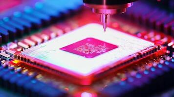 Microchip production printing processor CPU component AI memory storage microelectronics assembly semiconductor technology industry manufacturing computer circuit board equipment video