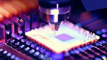 Microchip production printing processor CPU component AI memory storage microelectronics assembly semiconductor technology industry manufacturing computer circuit board equipment video
