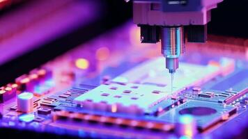 Microchip production printing processor CPU component AI memory storage microelectronics assembly semiconductor technology industry manufacturing computer circuit board equipment video