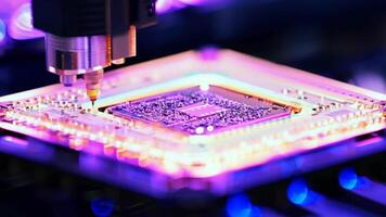 Microchip production printing processor CPU component AI memory storage microelectronics assembly semiconductor technology industry manufacturing computer circuit board equipment video