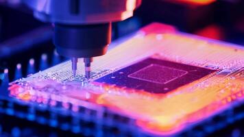 Microchip production printing processor CPU component AI memory storage microelectronics assembly semiconductor technology industry manufacturing computer circuit board equipment video