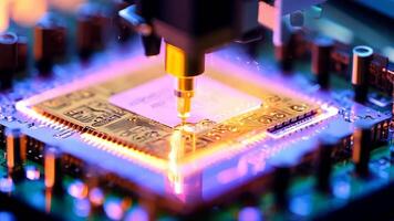 Microchip production printing processor CPU component AI memory storage microelectronics assembly semiconductor technology industry manufacturing computer circuit board equipment video