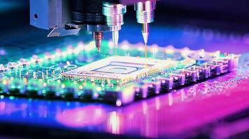 Microchip production printing processor CPU component AI memory storage microelectronics assembly semiconductor technology industry manufacturing computer circuit board equipment video