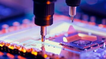 Microchip production printing processor CPU component AI memory storage microelectronics assembly semiconductor technology industry manufacturing computer circuit board equipment video