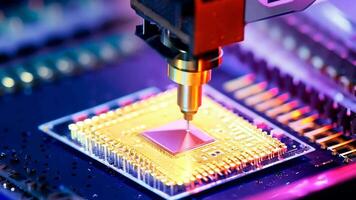 Microchip production printing processor CPU component AI memory storage microelectronics assembly semiconductor technology industry manufacturing computer circuit board equipment video