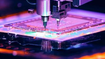 Microchip production printing processor CPU component AI memory storage microelectronics assembly semiconductor technology industry manufacturing computer circuit board equipment video