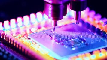 Microchip production printing processor CPU component AI memory storage microelectronics assembly semiconductor technology industry manufacturing computer circuit board equipment video