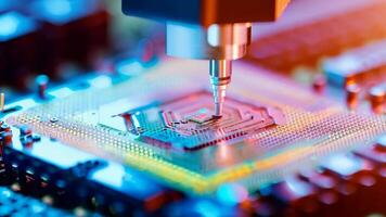 Microchip production printing processor CPU component AI memory storage microelectronics assembly semiconductor technology industry manufacturing computer circuit board equipment video