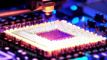 Microchip production printing processor CPU component AI memory storage microelectronics assembly semiconductor technology industry manufacturing computer circuit board equipment video