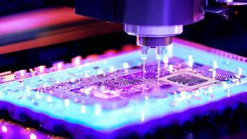 Microchip production printing processor CPU component AI memory storage microelectronics assembly semiconductor technology industry manufacturing computer circuit board equipment video