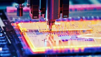 Microchip production printing processor CPU component AI memory storage microelectronics assembly semiconductor technology industry manufacturing computer circuit board equipment video