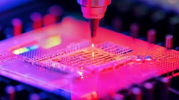 Microchip production printing processor CPU component AI memory storage microelectronics assembly semiconductor technology industry manufacturing computer circuit board equipment video