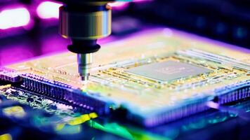 Microchip production printing processor CPU component AI memory storage microelectronics assembly semiconductor technology industry manufacturing computer circuit board equipment video