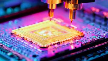 Microchip production printing processor CPU component AI memory storage microelectronics assembly semiconductor technology industry manufacturing computer circuit board equipment video