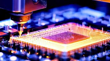 Microchip production printing processor CPU component AI memory storage microelectronics assembly semiconductor technology industry manufacturing computer circuit board equipment video