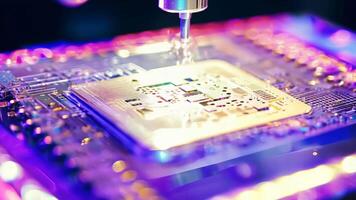 Microchip production printing processor CPU component AI memory storage microelectronics assembly semiconductor technology industry manufacturing computer circuit board equipment video