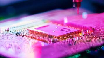 Microchip production printing processor CPU component AI memory storage microelectronics assembly semiconductor technology industry manufacturing computer circuit board equipment video