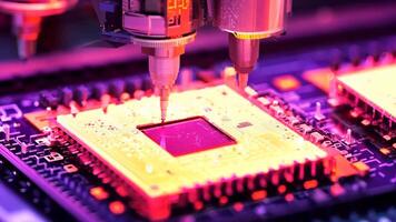 Microchip production printing processor CPU component AI memory storage microelectronics assembly semiconductor technology industry manufacturing computer circuit board equipment video