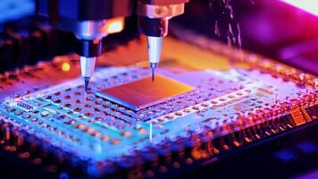 Microchip production printing processor CPU component AI memory storage microelectronics assembly semiconductor technology industry manufacturing computer circuit board equipment video