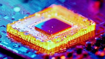 Microchip production printing processor CPU component AI memory storage microelectronics assembly semiconductor technology industry manufacturing computer circuit board equipment video
