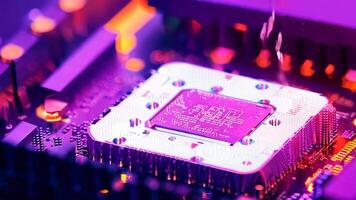 Microchip production printing processor CPU component AI memory storage microelectronics assembly semiconductor technology industry manufacturing computer circuit board equipment video