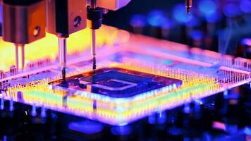 Microchip production printing processor CPU component AI memory storage microelectronics assembly semiconductor technology industry manufacturing computer circuit board equipment video