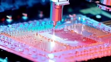 Microchip production printing processor CPU component AI memory storage microelectronics assembly semiconductor technology industry manufacturing computer circuit board equipment video