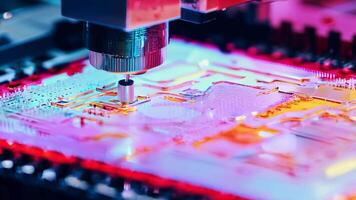 Microchip production printing processor CPU component AI memory storage microelectronics assembly semiconductor technology industry manufacturing computer circuit board equipment video