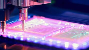 Microchip production printing processor CPU component AI memory storage microelectronics assembly semiconductor technology industry manufacturing computer circuit board equipment video